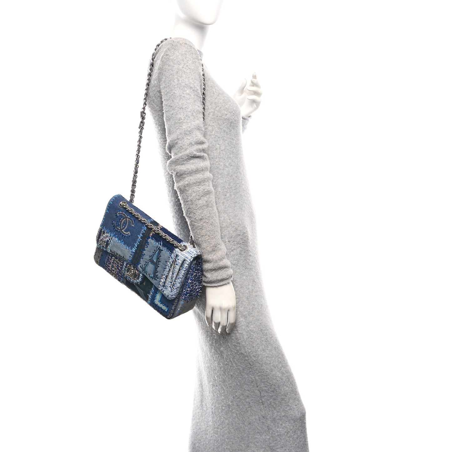 Denim Tweed Patchwork Jumbo Single Flap Blue