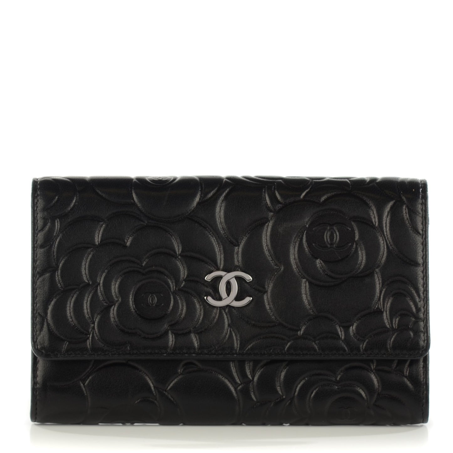 Lambskin Embossed Camellia Embossed Flap Wallet Black