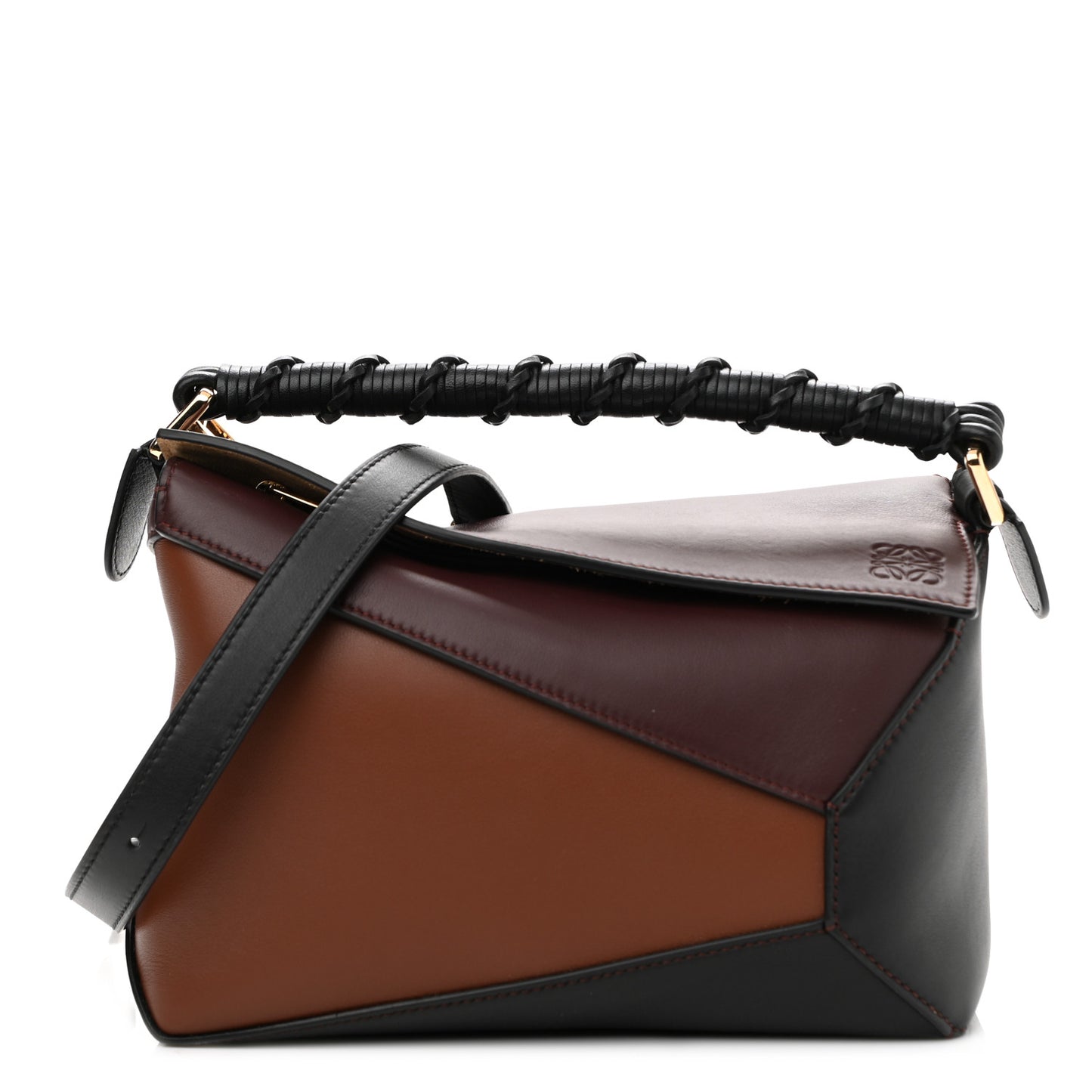 Calfskin Small Puzzle Edge Bag Black Prune Havana