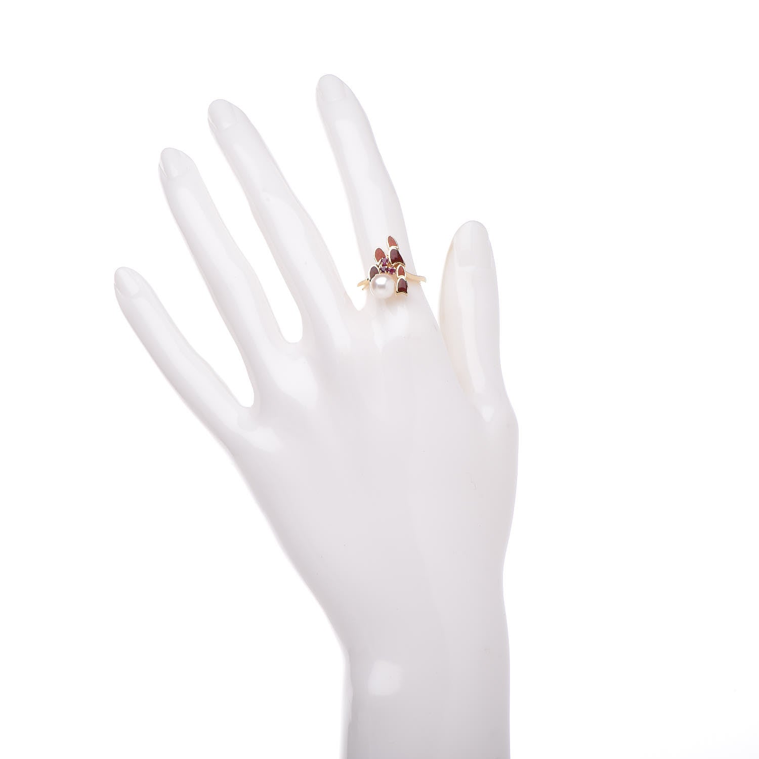 Mikimoto 18K Yellow Gold Enamel Ruby Akoya Pearl Ring 49 5 Red 2 of 5