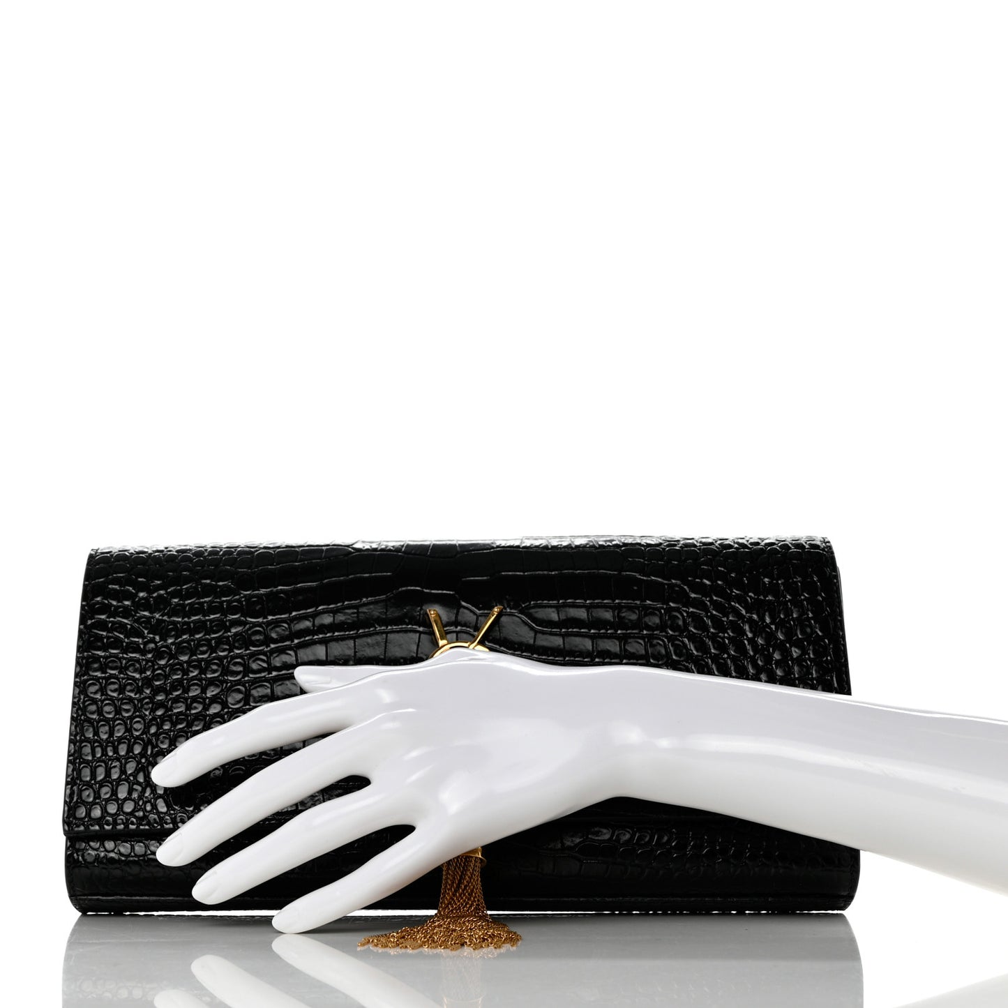 Calfskin Crocodile Embossed Classic Monogram Tassel Clutch Black