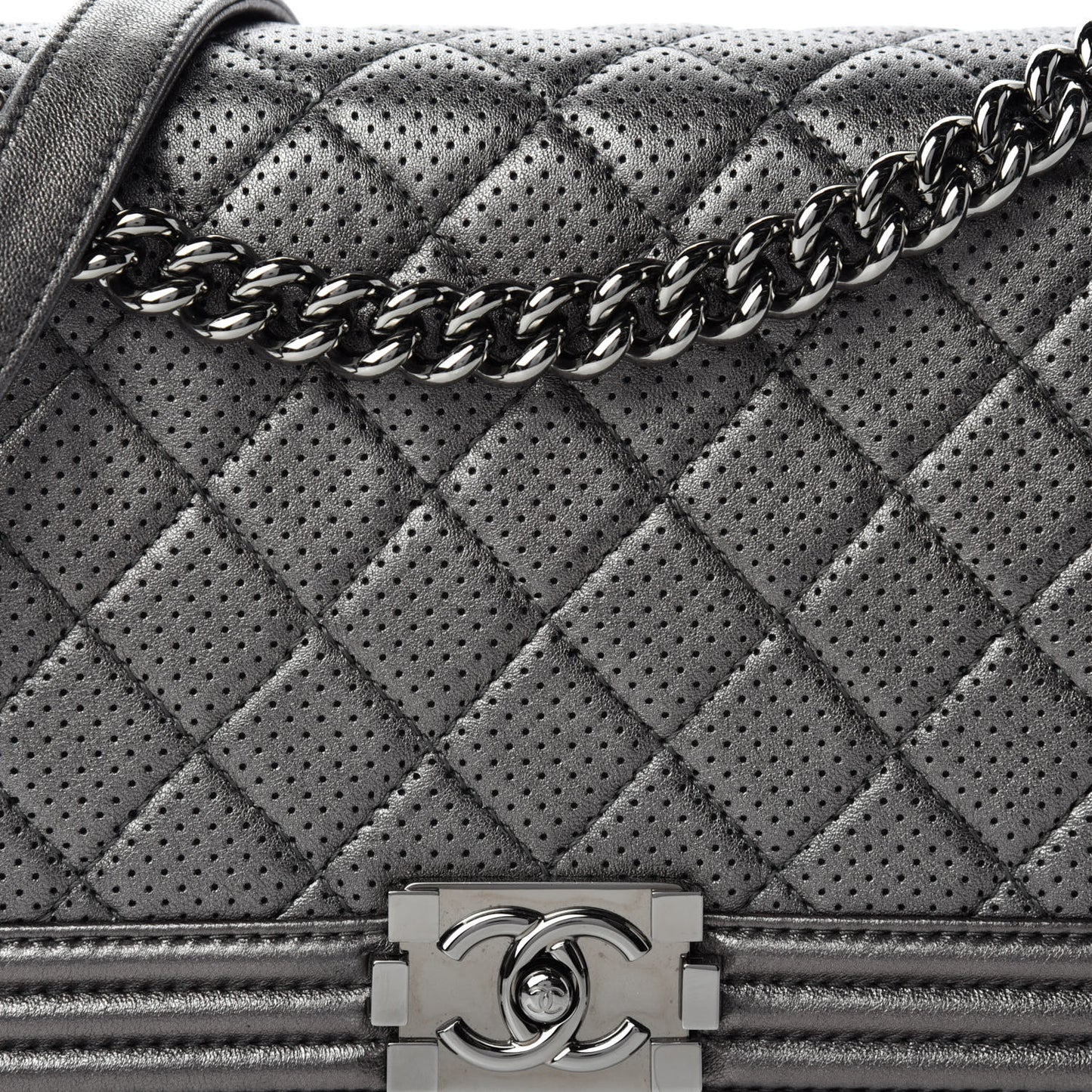 Metallic Lambskin Perforated New Medium Boy Flap Dark Silver