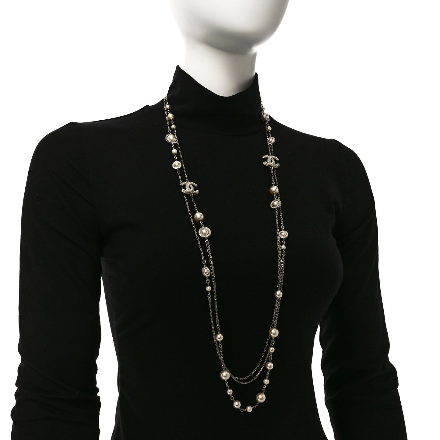 Pearl Crystal CC Long Necklace Pearly White