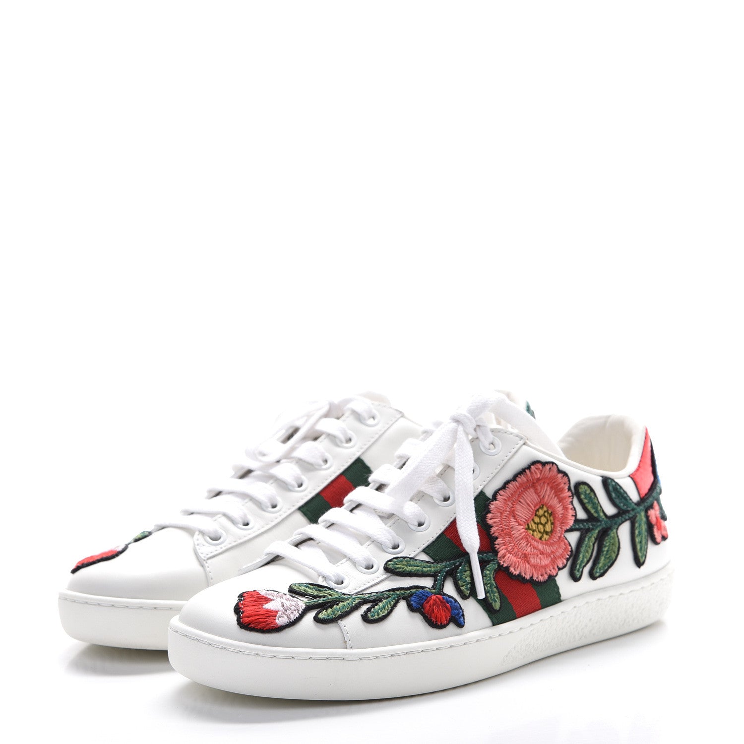 Gucci Calfskin Web Floral Embroidered Womens Ace Sneakers 35.5 White 3 of 9