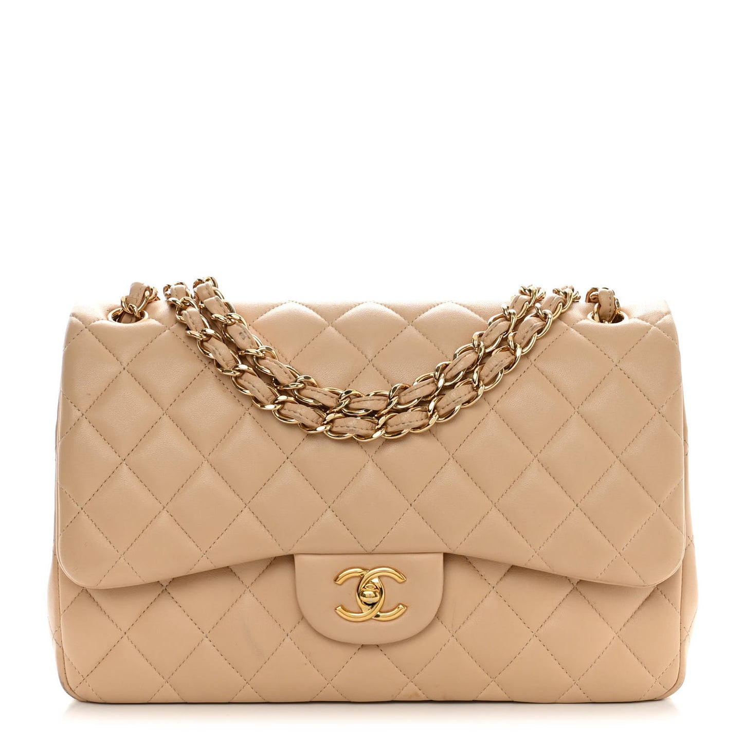 Lambskin Quilted Jumbo Double Flap Beige