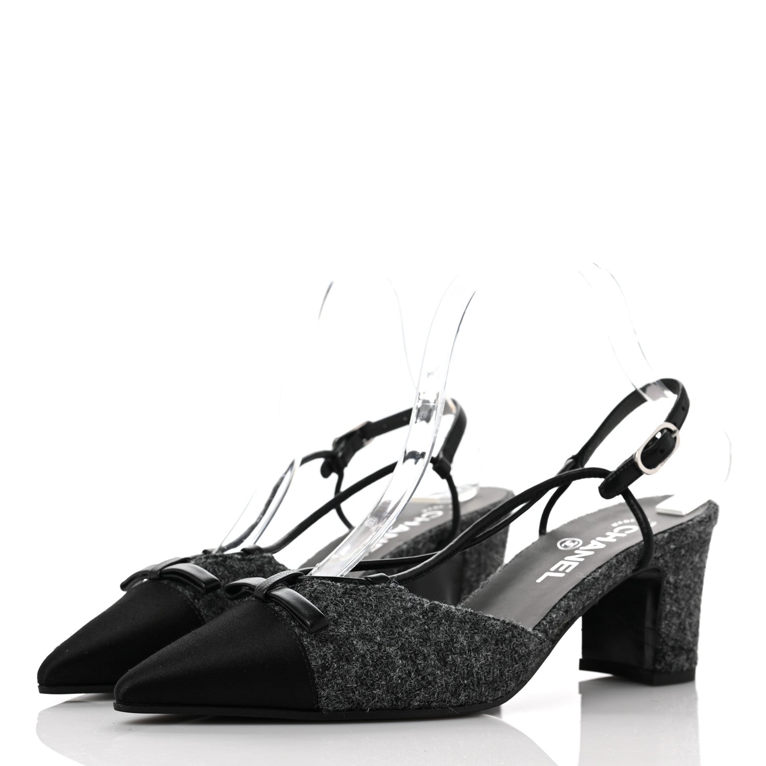 Chanel Tweed Satin Slingback Cap Toe Bow Pumps 39 Grey Black 3 of 9