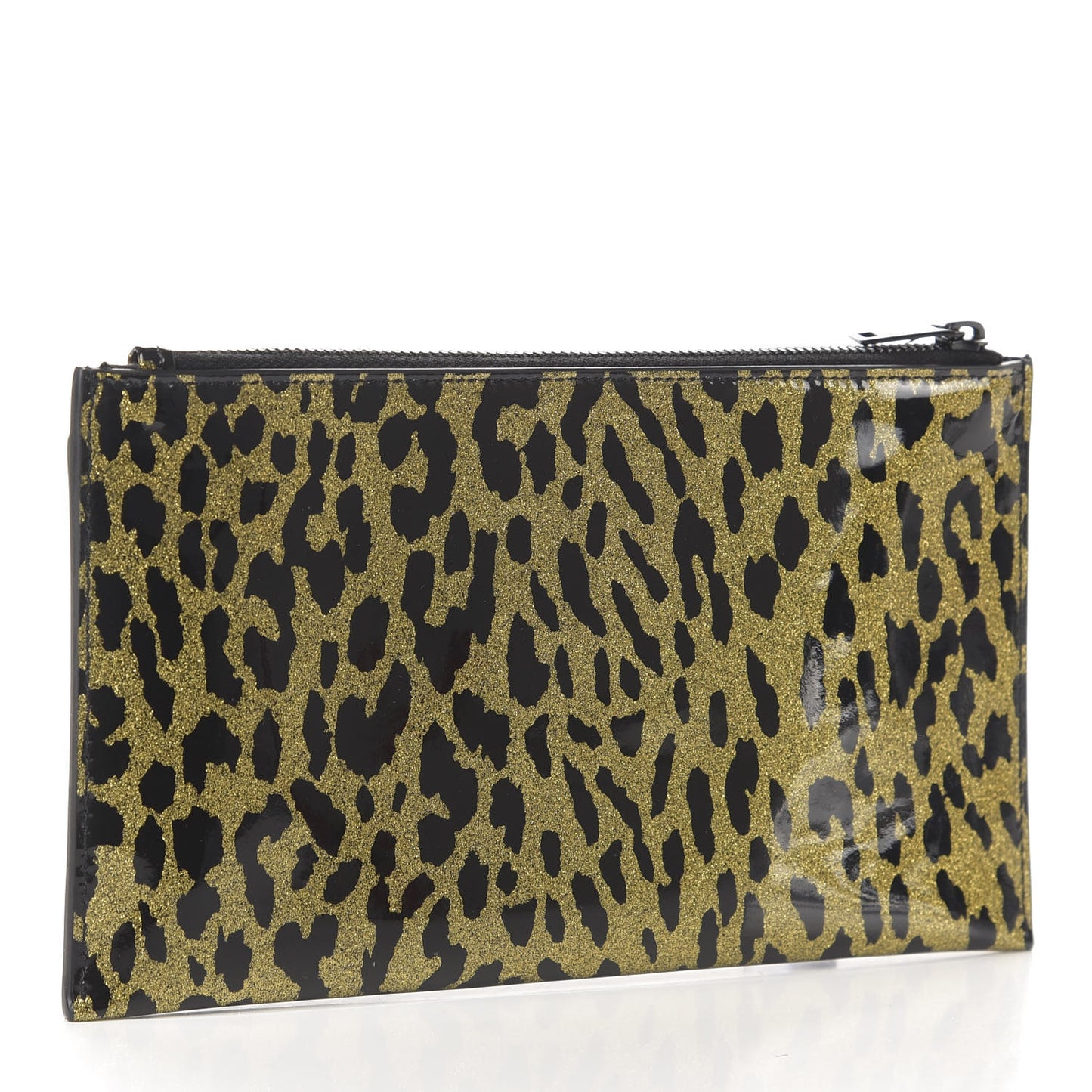 Patent Glitter Leopard Monogram Zip Pouch Gold Black