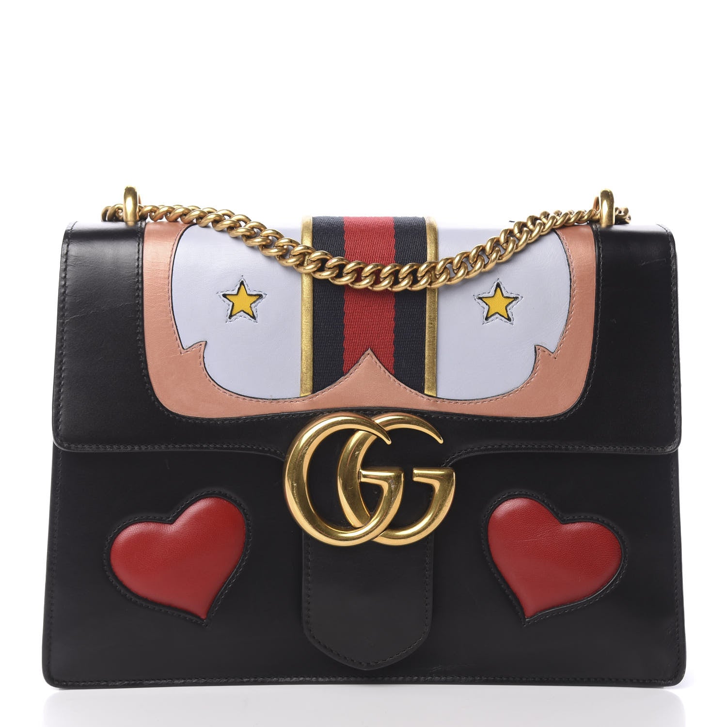 Gucci Calfskin Web Heart Medium GG Marmont Chain Handle Bag Black 1 of 16