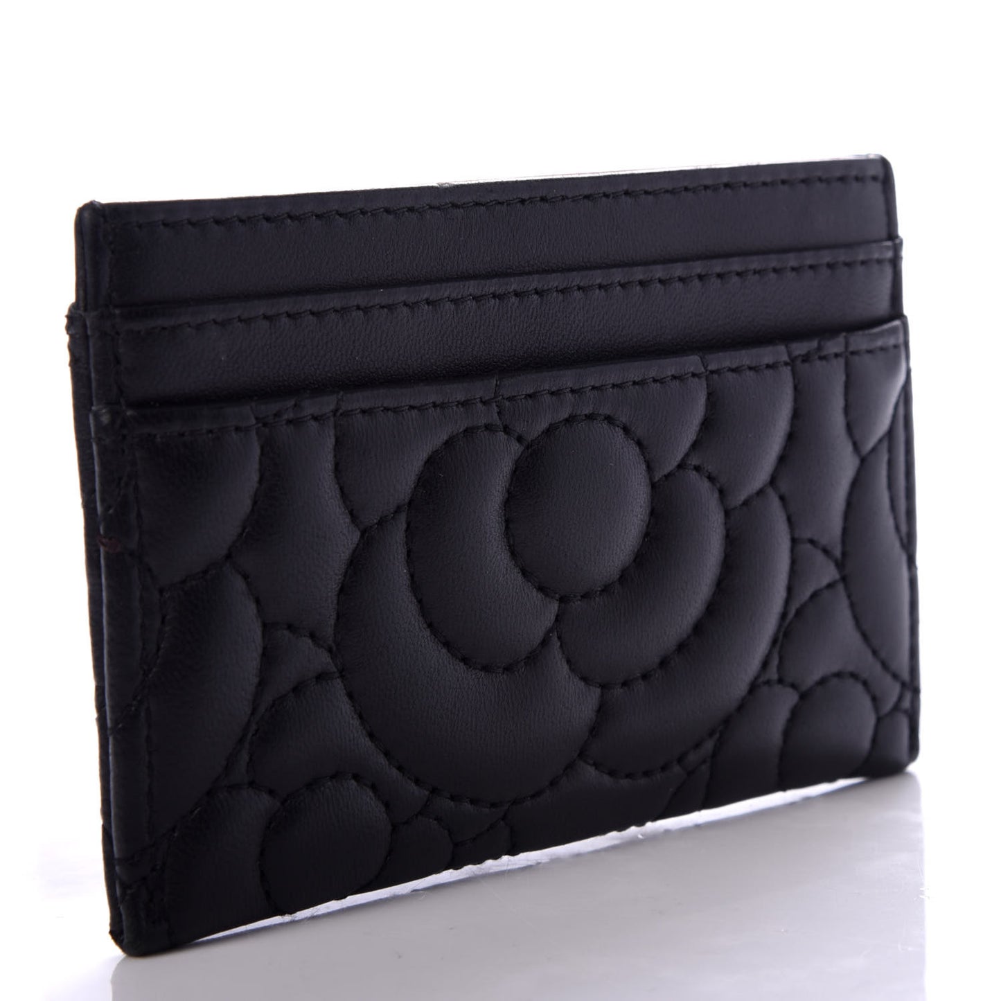 Lambskin Camellia Embossed Card Holder Black