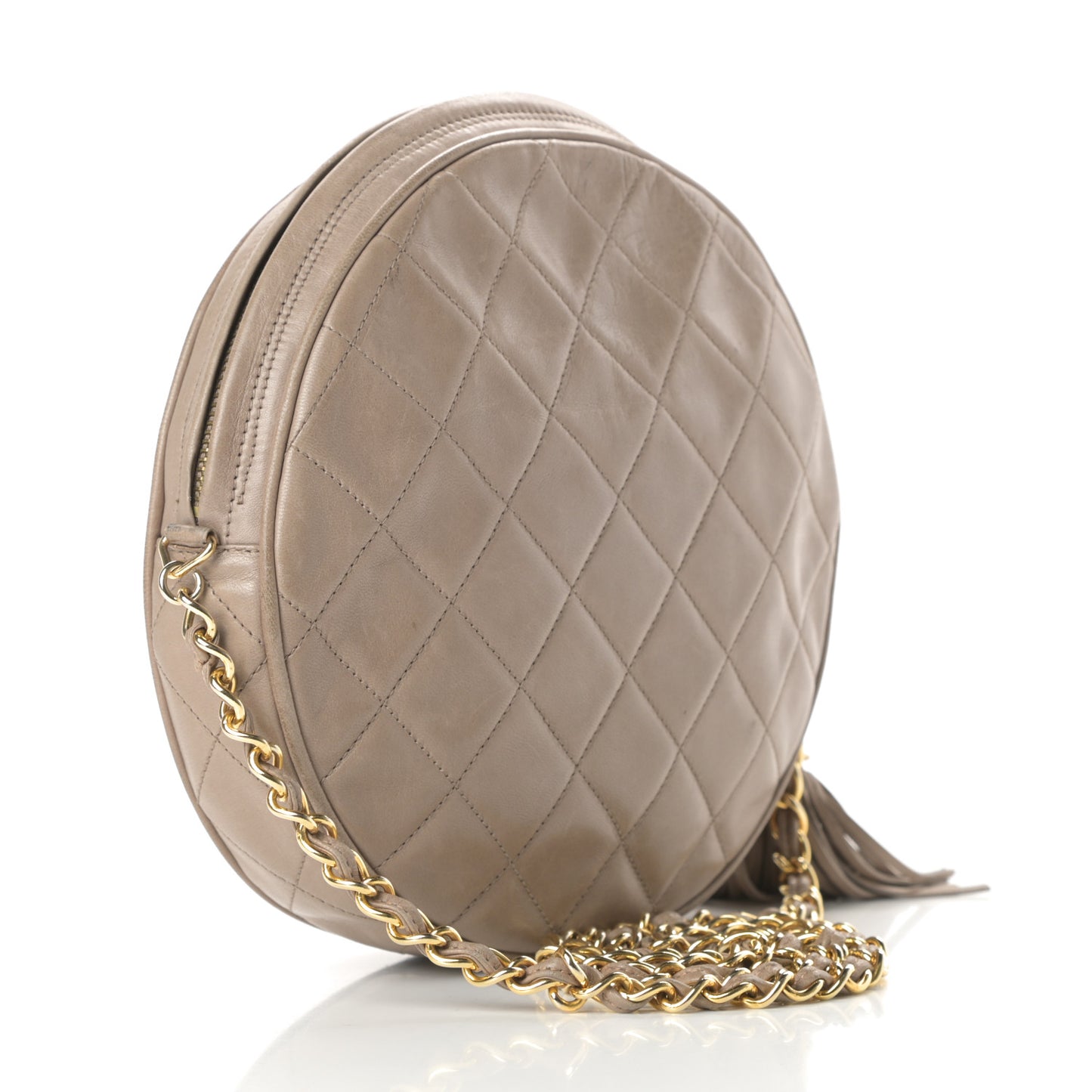 Lambskin Quilted Round Tassel Crossbody Bag Beige