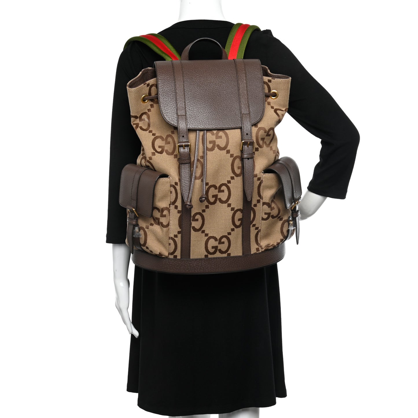 Monogram Jumbo GG Textured Dollar Calfskin Web Double Buckle Backpack Camel Ebony New Acero