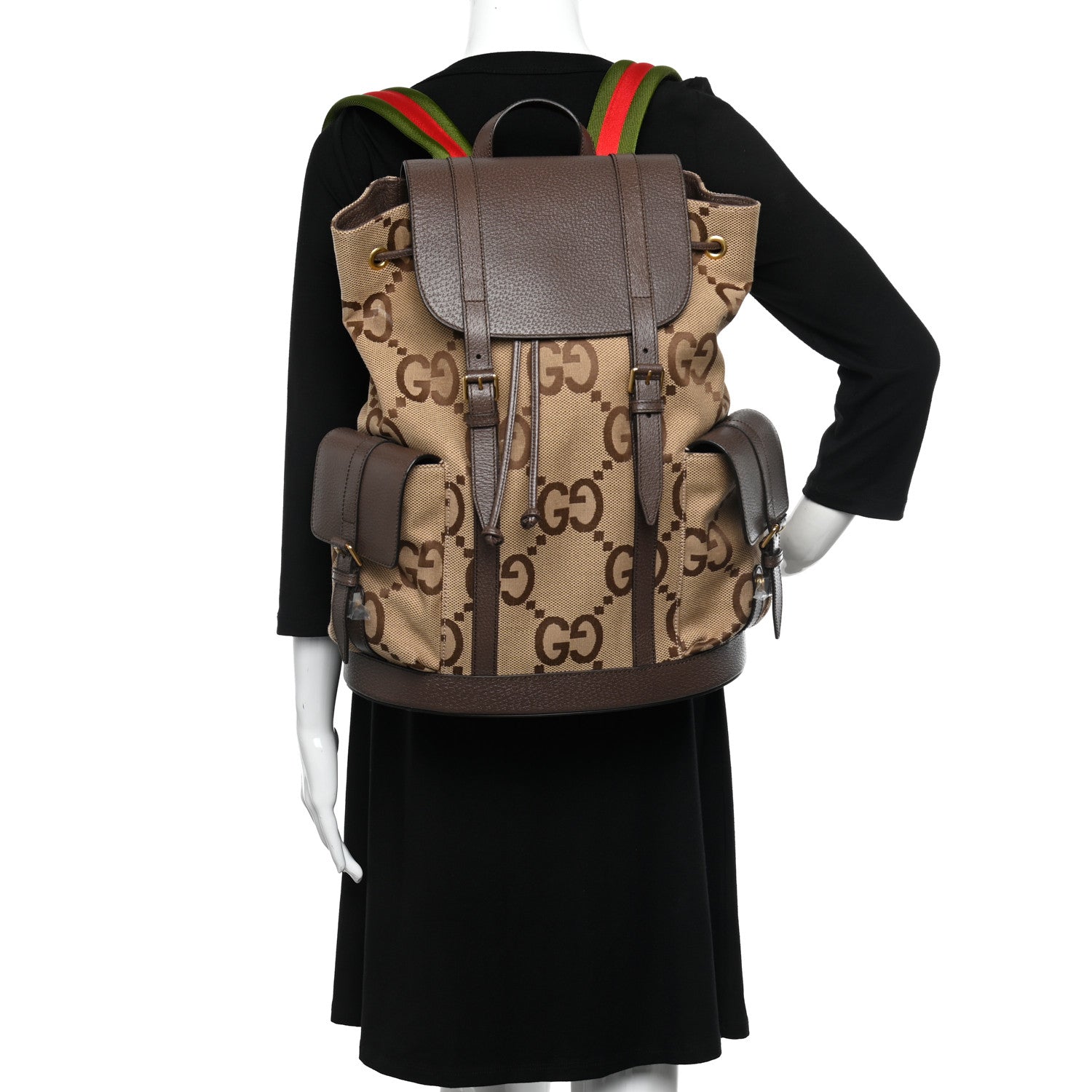 Gucci Monogram Jumbo GG Textured Dollar Calfskin Web Double Buckle Backpack Camel Ebony New Acero 2 of 13