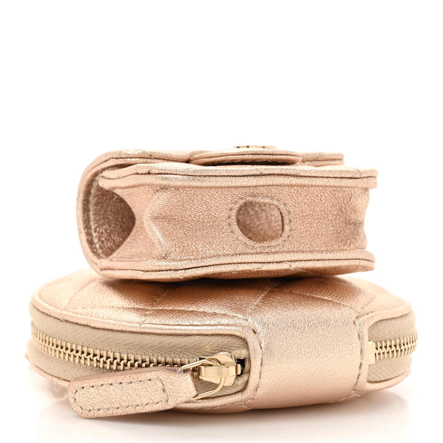 Metallic Lambskin Quilted Round Clip On Coin Purse Airpods Case Gold