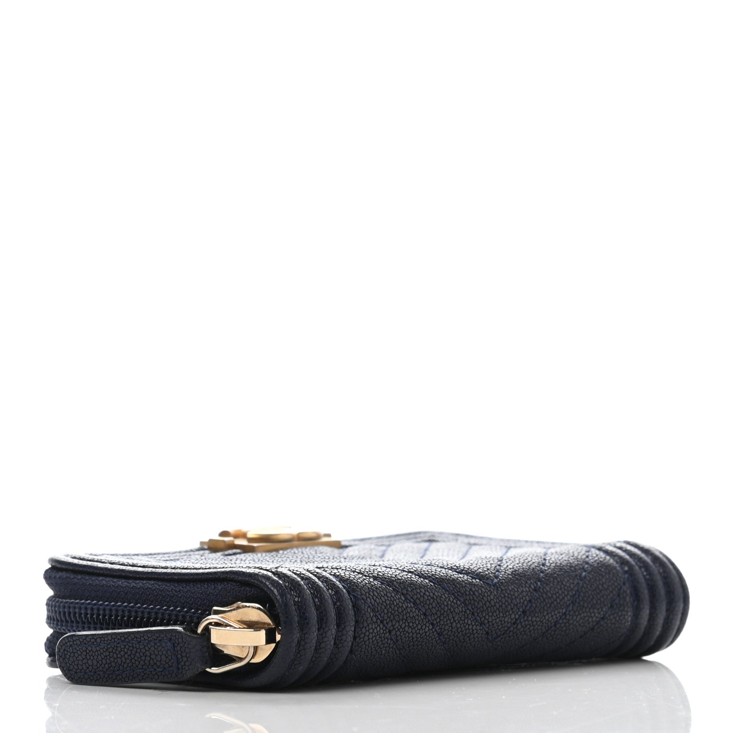 Chanel Caviar Chevron Quilted Boy Zip Around Coin Purse Wallet Navy Blue 4 of 13
