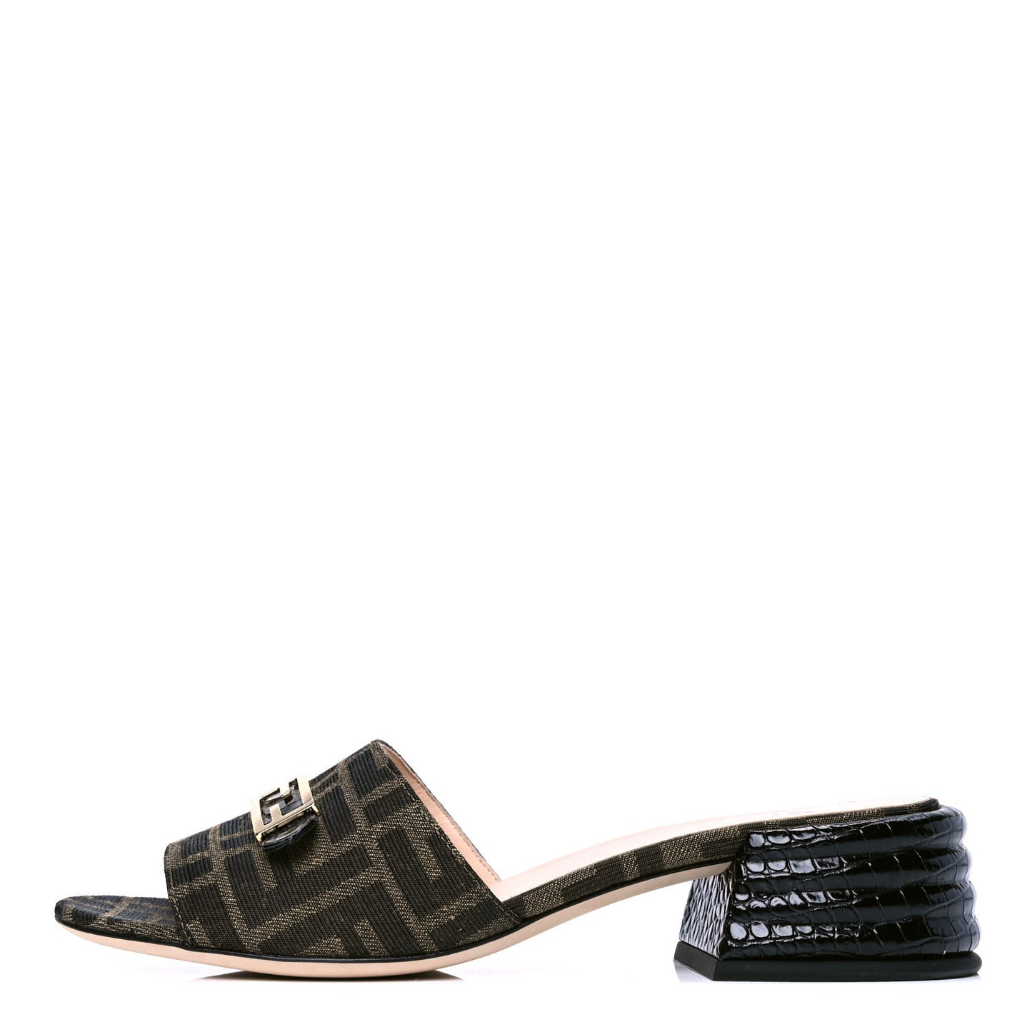Jacquard Calfskin FF Crocodile Embossed Promenade Slide Sandals 39 Tobacco Moro Black