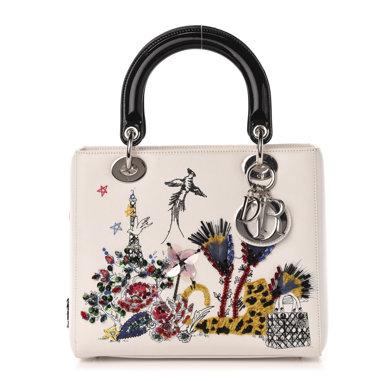 Christian Dior Smooth Calfskin Eiffel Tower Embroidered Medium Lady Dior White Multicolor 1 of 14