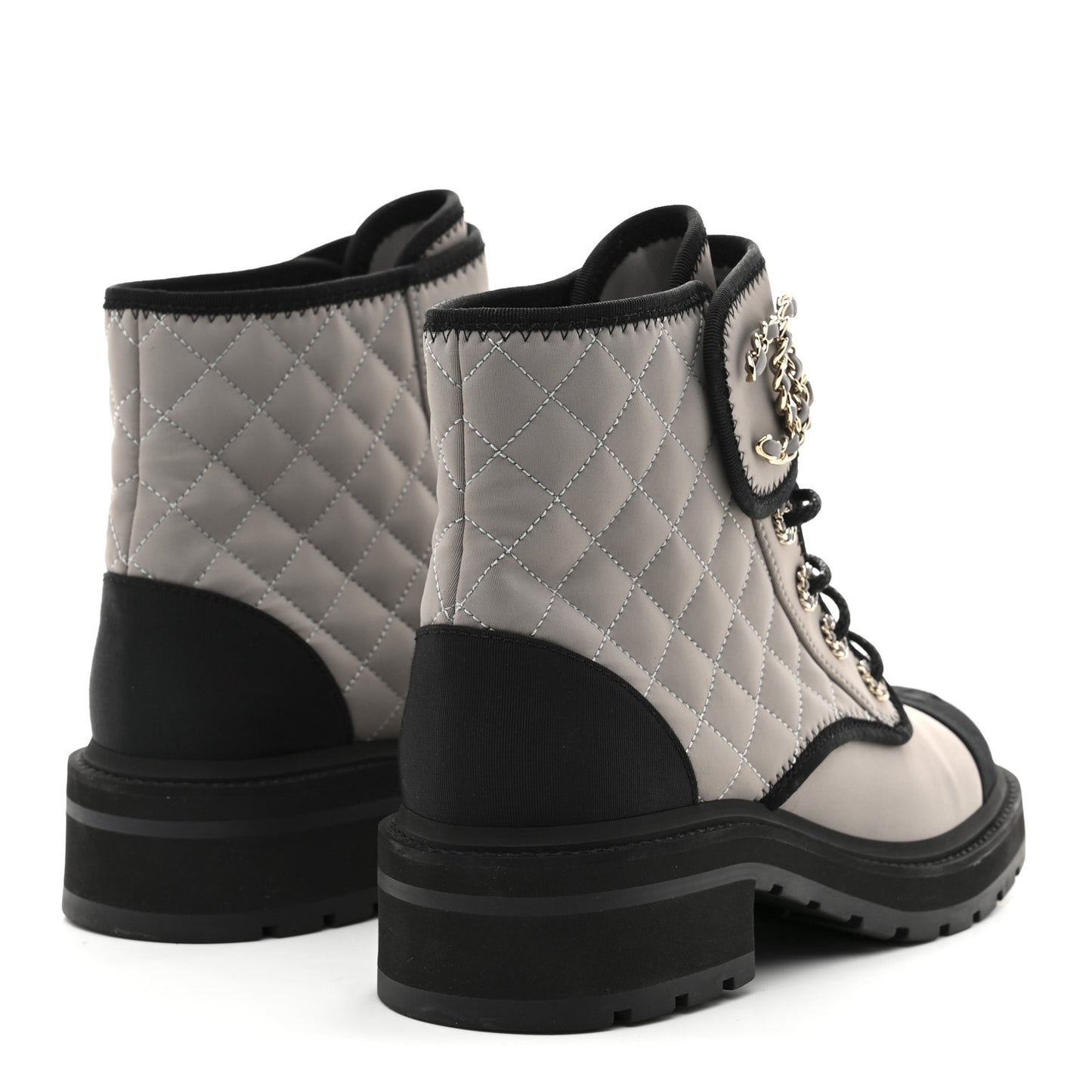 Fabric Grosgrain Quilted Cap Toe Lace Up Combat Boots 39 Grey Black