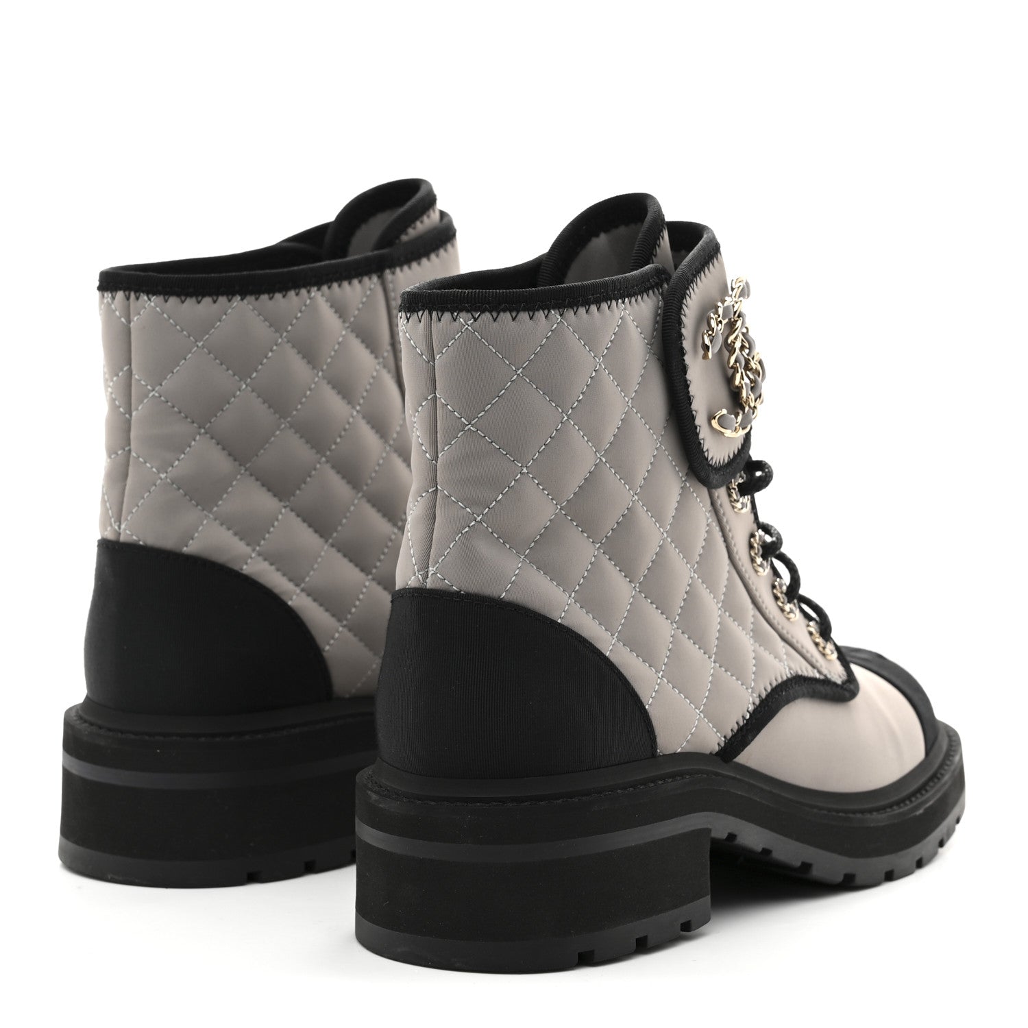 Chanel Fabric Grosgrain Quilted Cap Toe Lace Up Combat Boots 39 Grey Black 5 of 9
