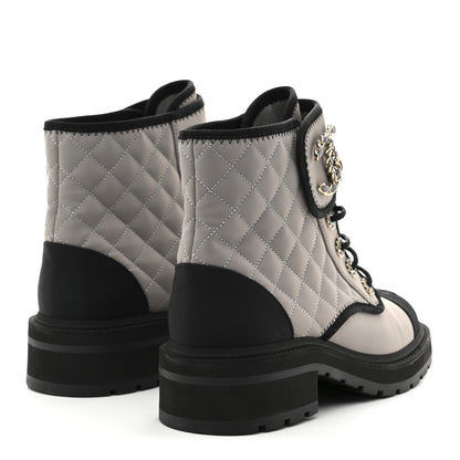 Chanel Fabric Grosgrain Quilted Cap Toe Lace Up Combat Boots 39 Grey Black 5 of 9
