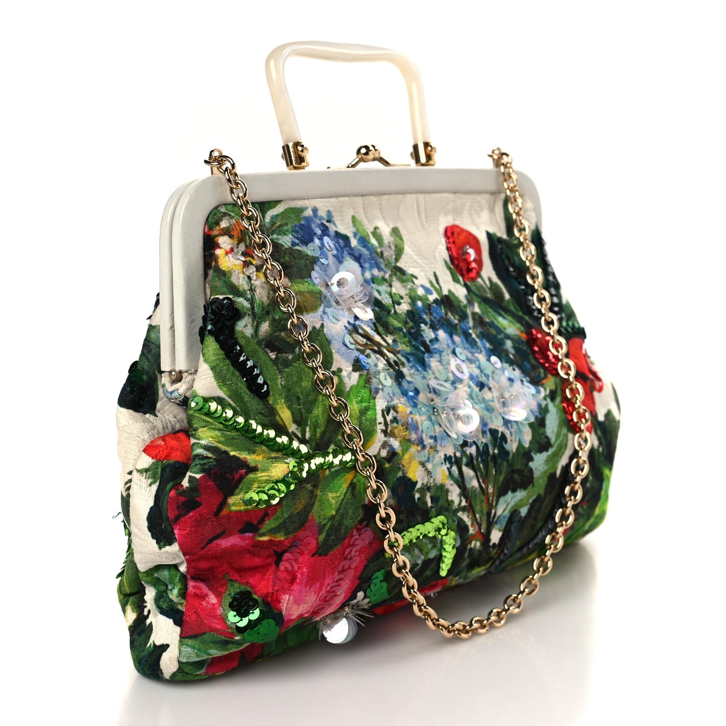 Fabric Embellished Floral Print Top Handle Chain Satchel Multicolor