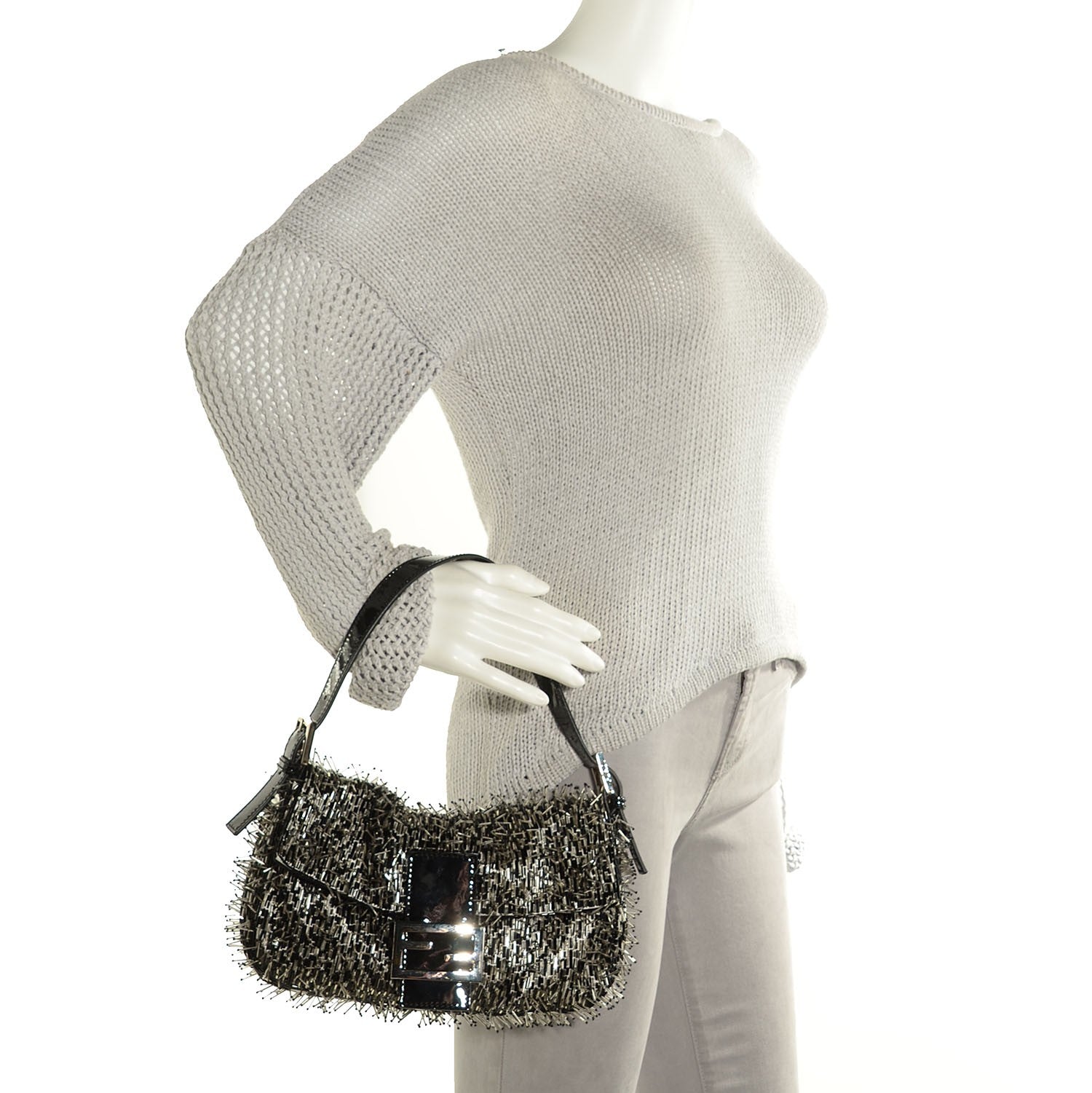 Fendi Beaded Spikes Baguette Gray Black 2 of 11