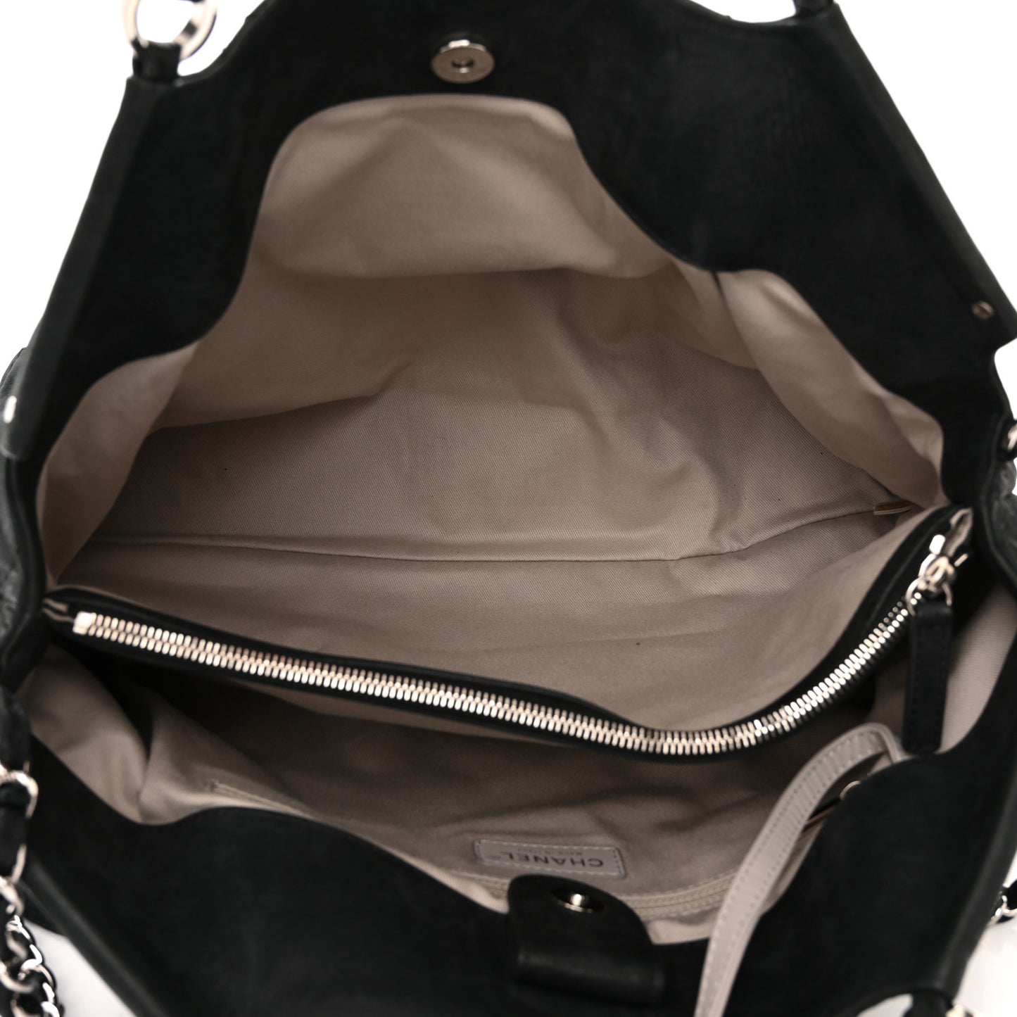 Iridescent Calfskin Stitched CC Shopping Tote Black