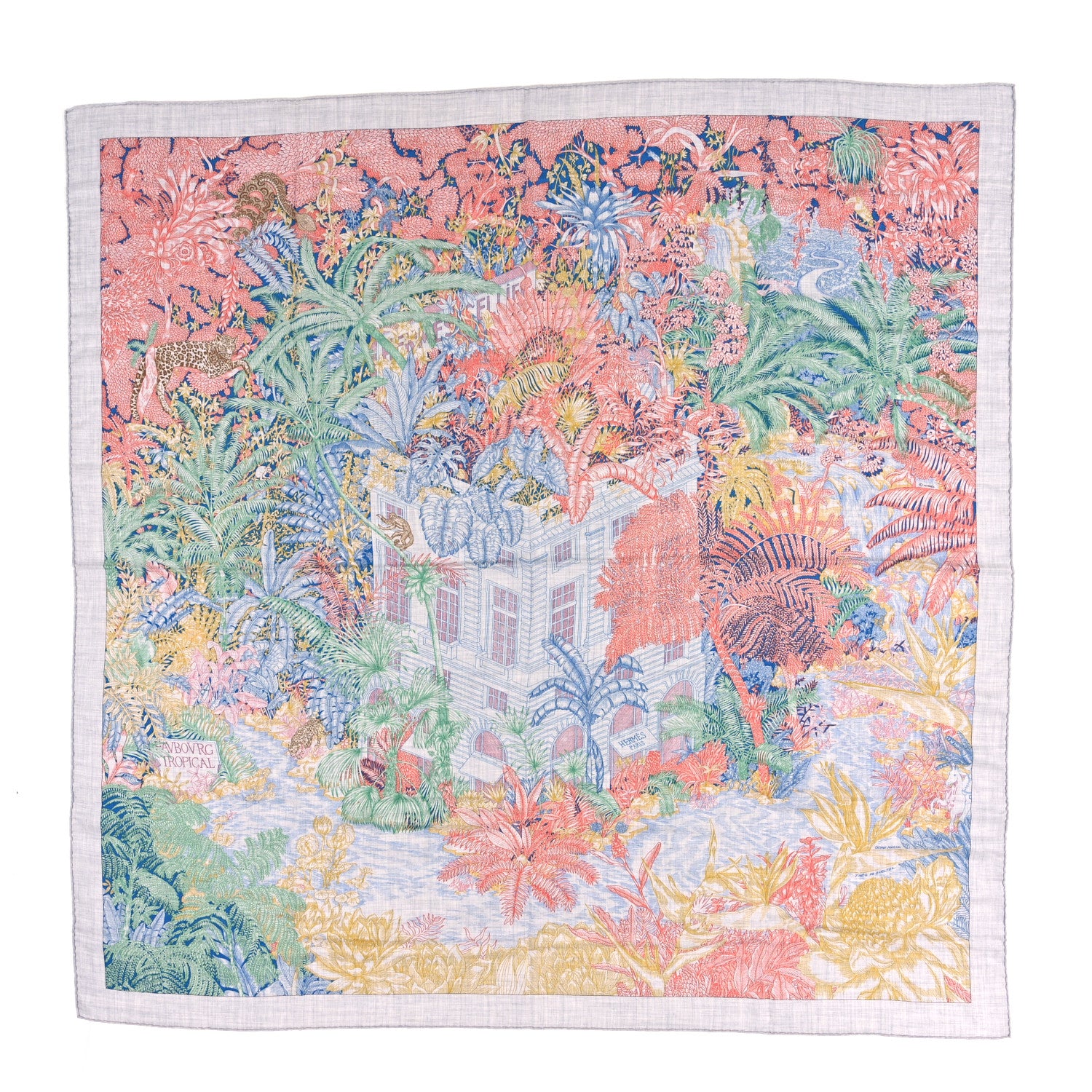 Hermes Cashmere Silk Faubourg Tropical Shawl 140 Gris Chine Rose 1 of 3