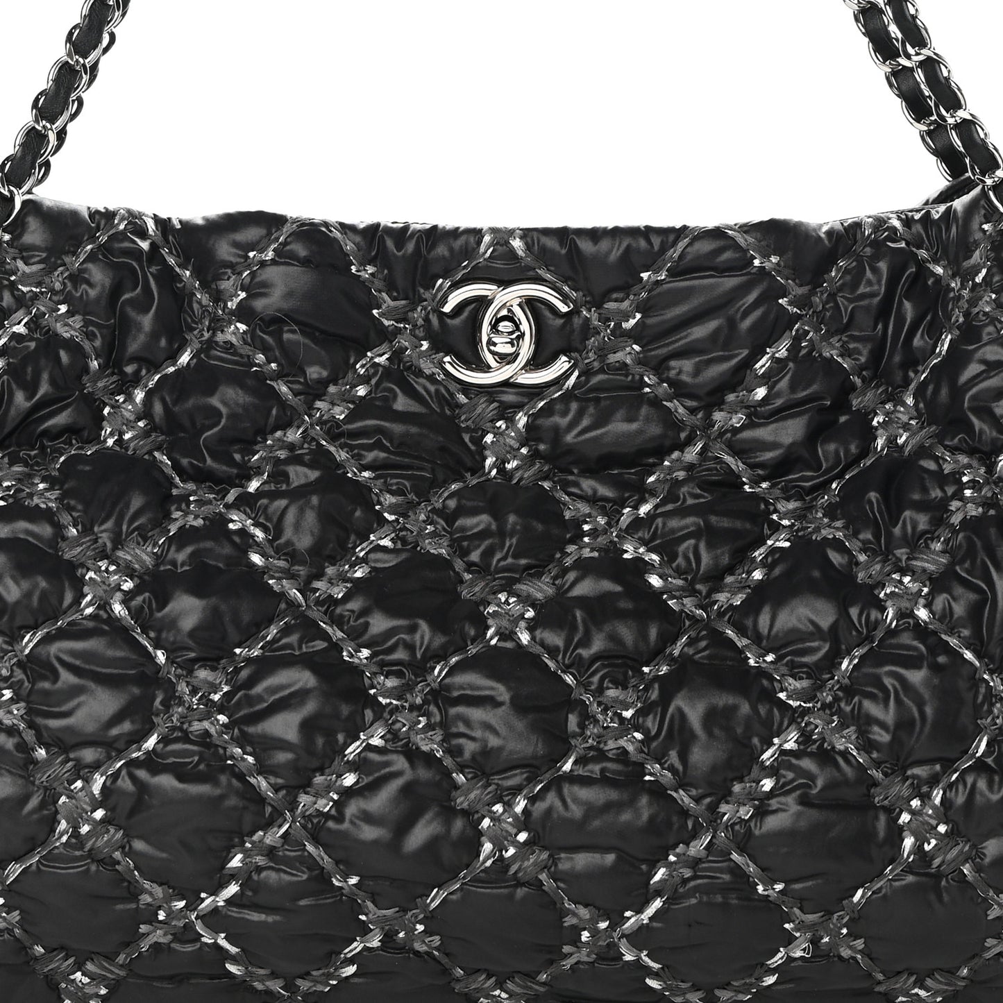 Nylon Quilted Tweed Stitch Bubble Tote Black