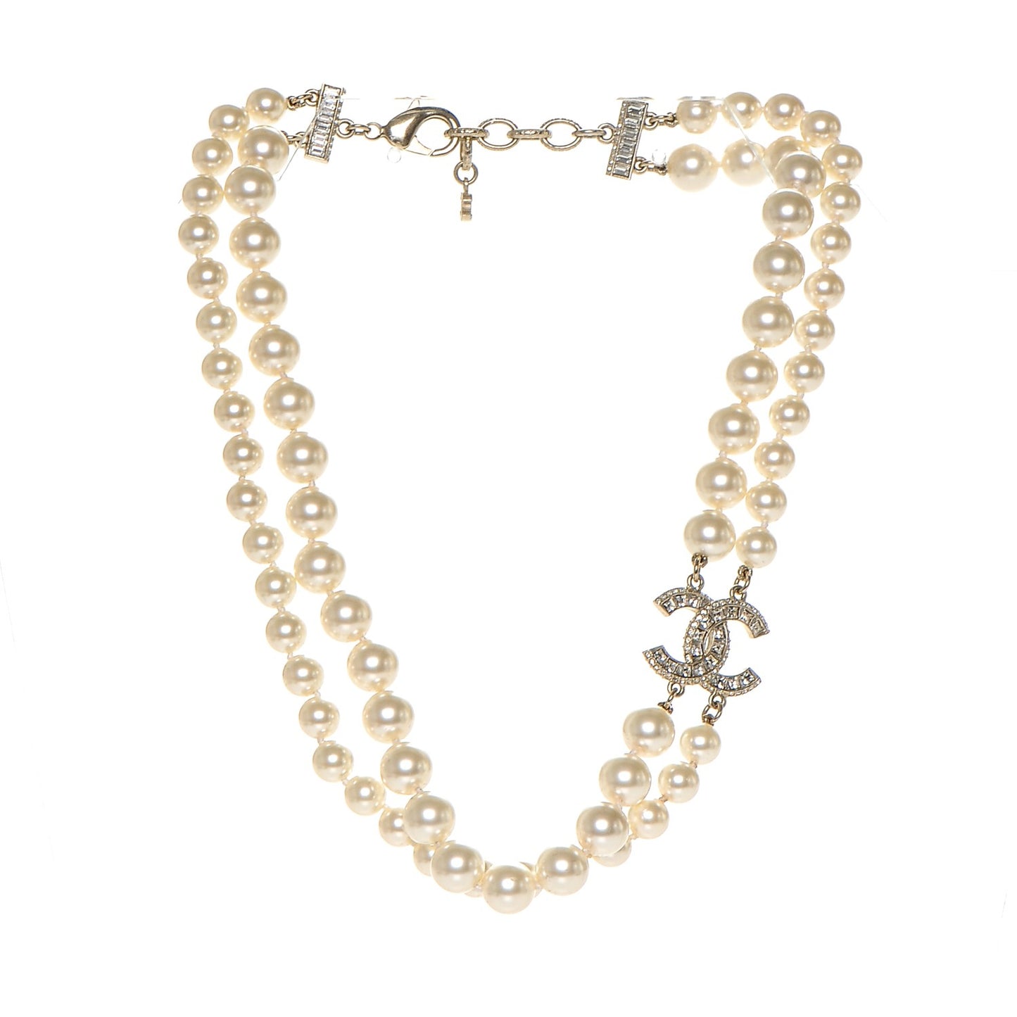 Baguette Crystal Pearl CC Double Strand Necklace Gold