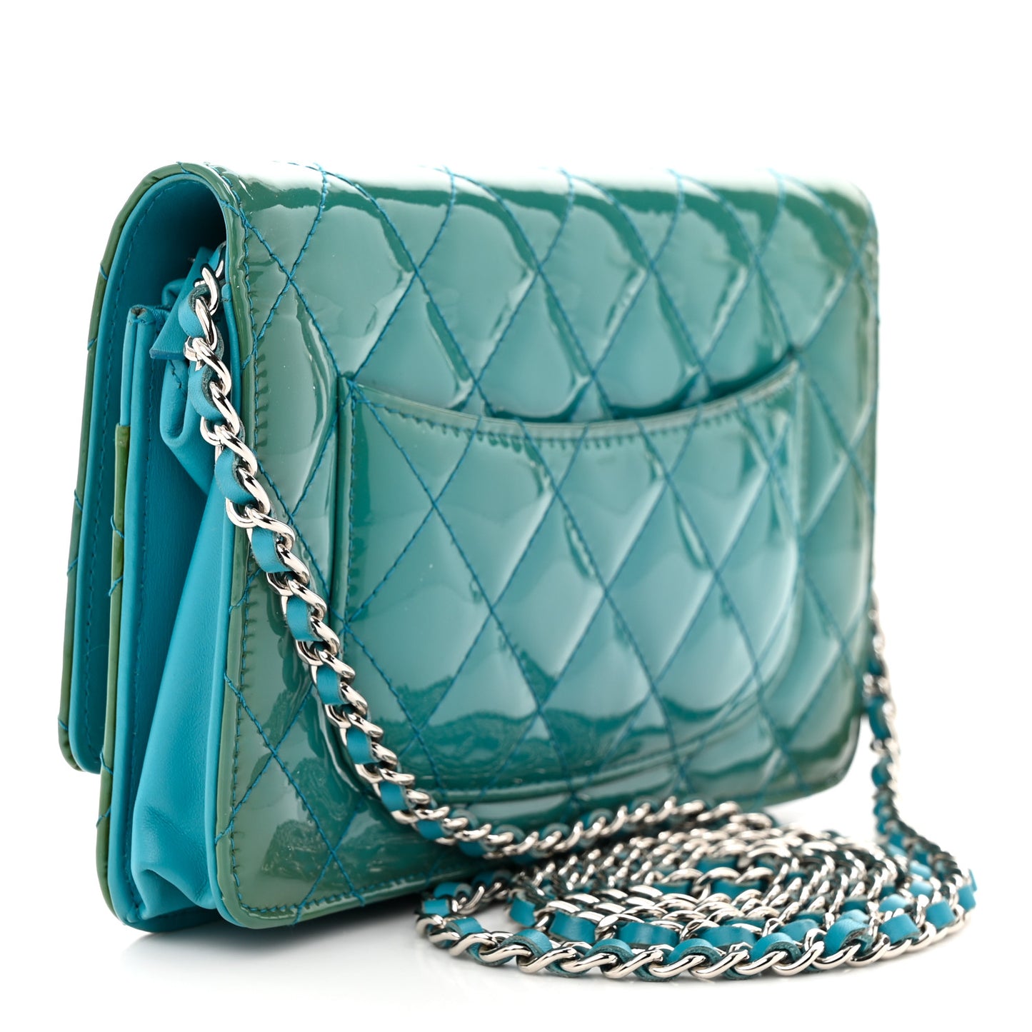 Patent Quilted Wallet On Chain WOC Turquoise Blue