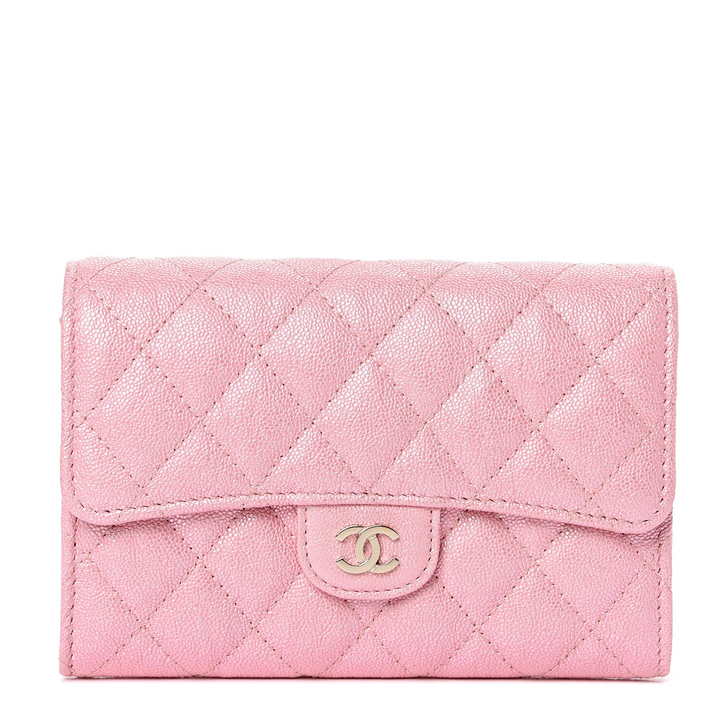 Iridescent Caviar Quilted Medium Flap Wallet Rose Pink