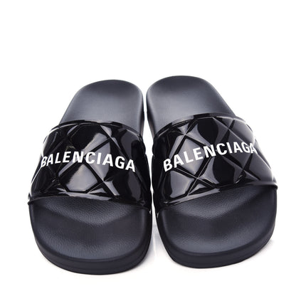 Balenciaga Rubber Patent Quilted Logo Slide Sandals 36 Black White 5 of 10