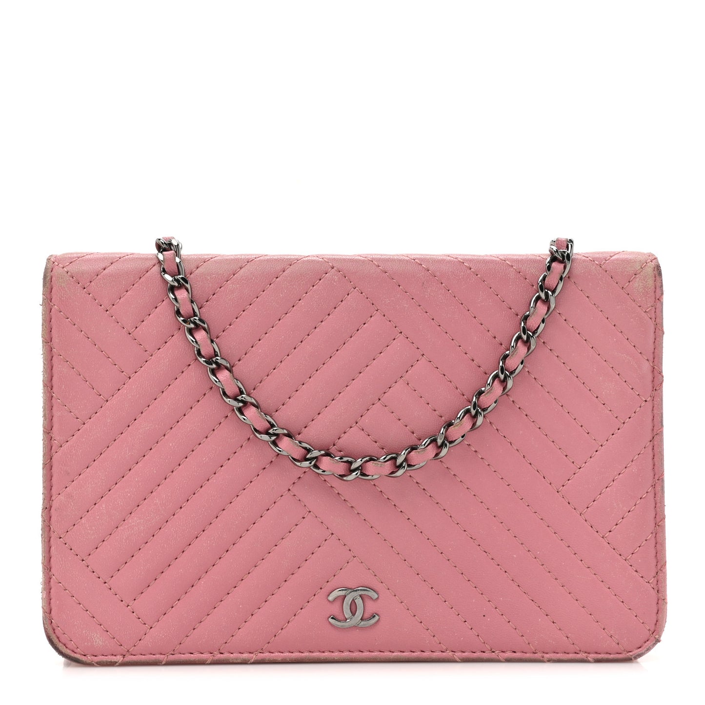 Lambskin Quilted CC Crossing Wallet On Chain WOC Pink