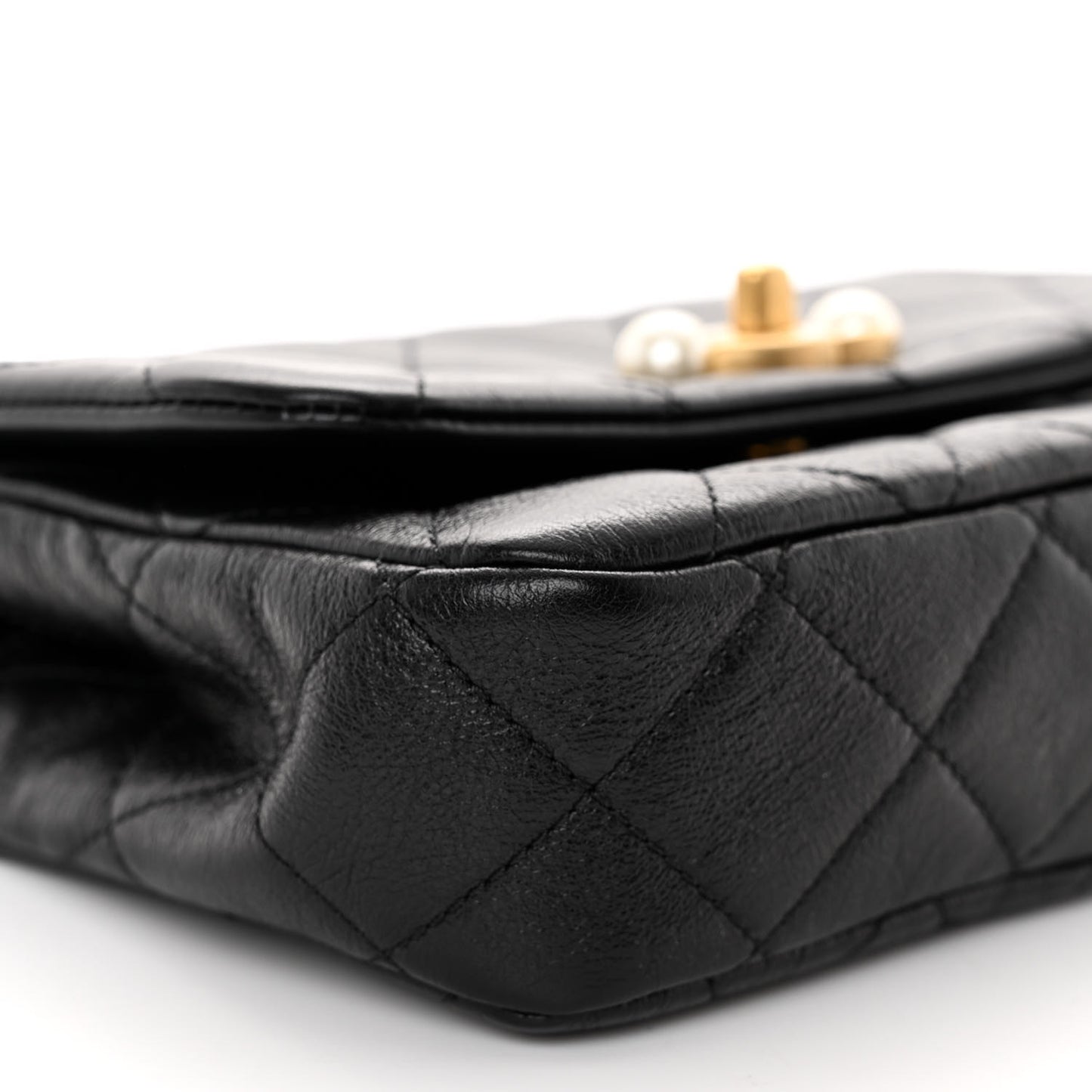 Glazed Calfskin Quilted Mini Pearl Side Flap Black