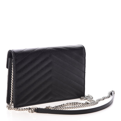 Saint Laurent Grain De Poudre Matelasse Chevron Monogram Envelope Chain Wallet Black 3 of 10