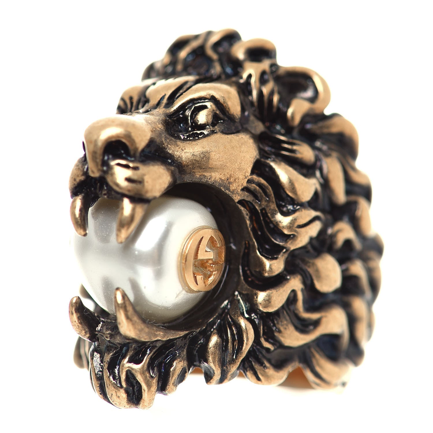 Gucci Metal Glass Pearl Lion Head Ring 6.5 Aged Gold 1 of 6