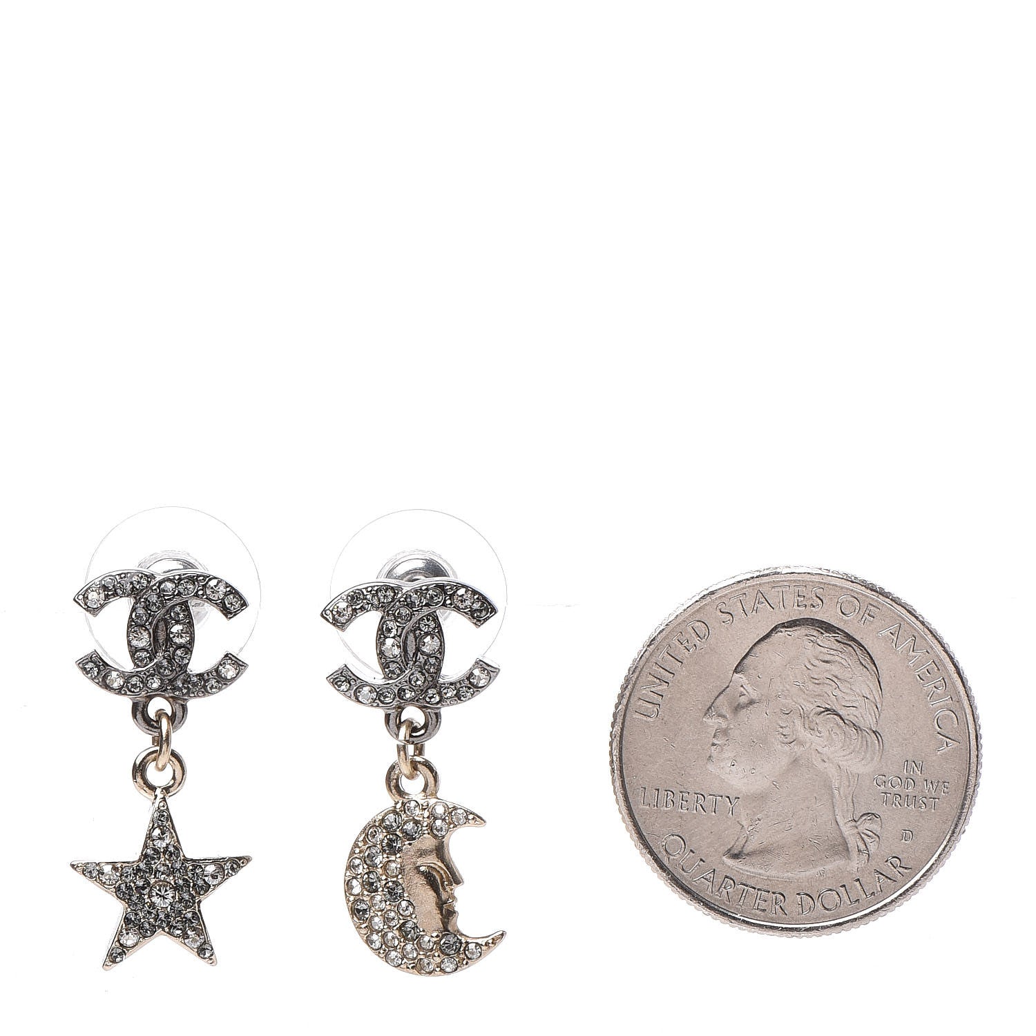 Chanel Ruthenium Crystal CC Star Moon Earrings Grey Gold 2 of 4