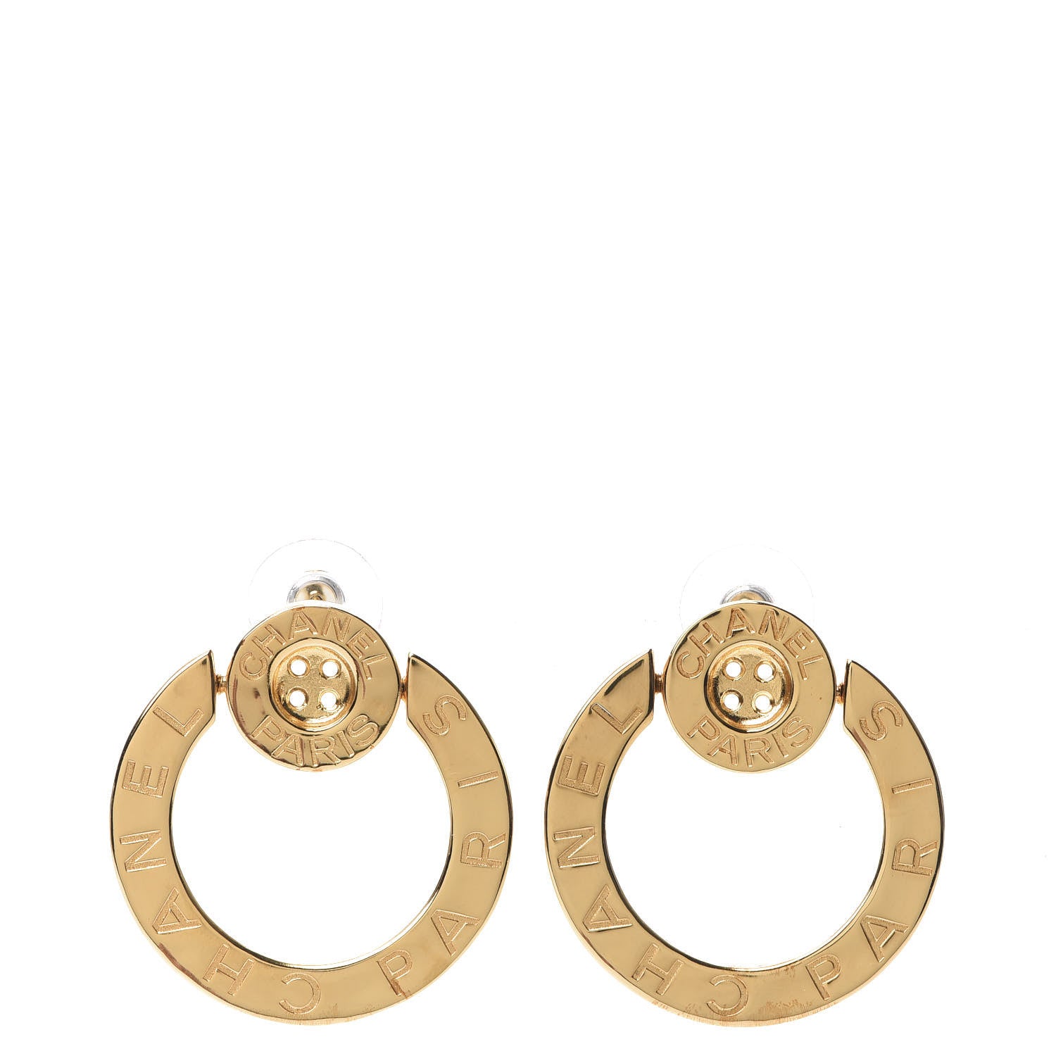 Chanel Metal Paris Button Hoop Earrings Gold 1 of 5