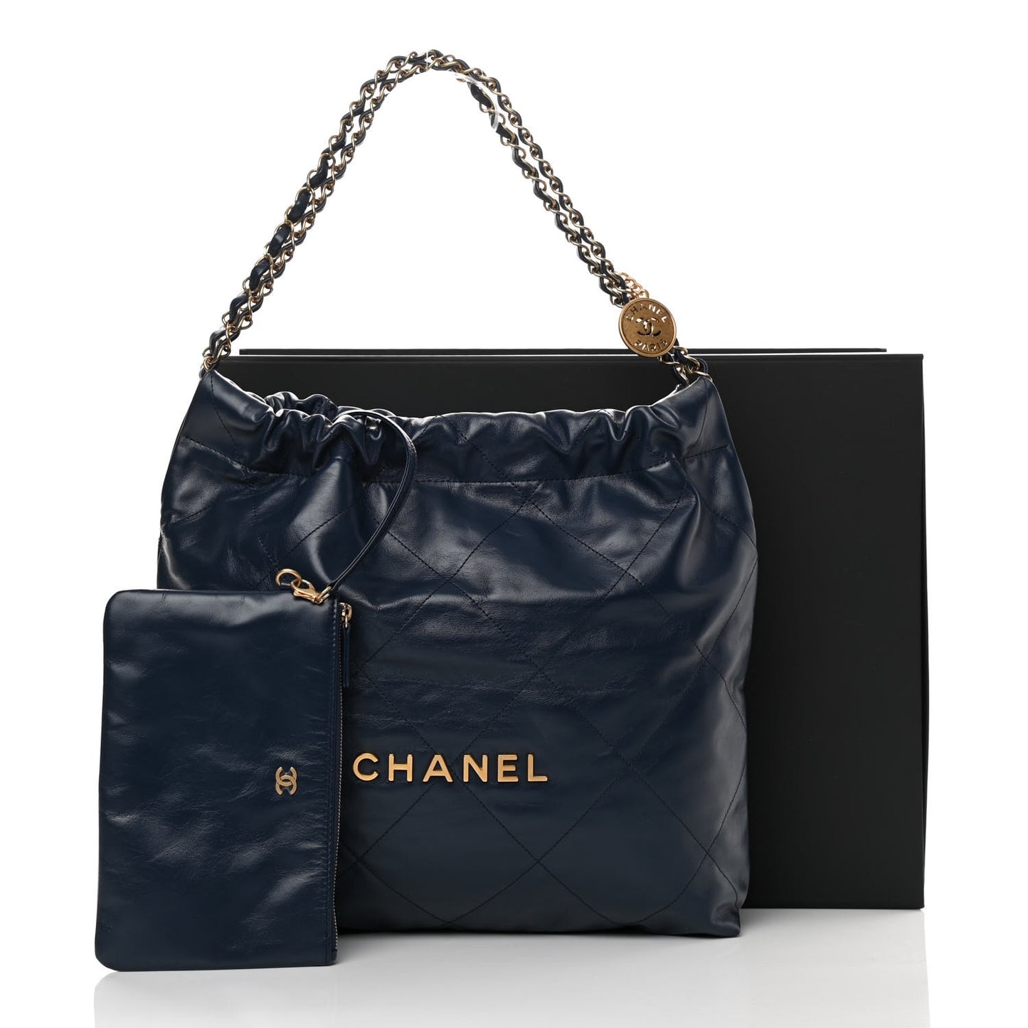 Shiny Calfskin Quilted Chanel 22 Navy Blue