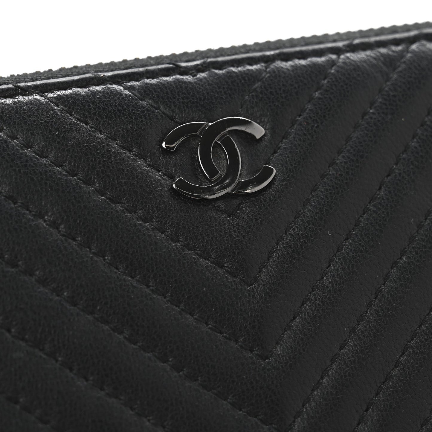 Lambskin Chevron Quilted Zip Around Wallet Black