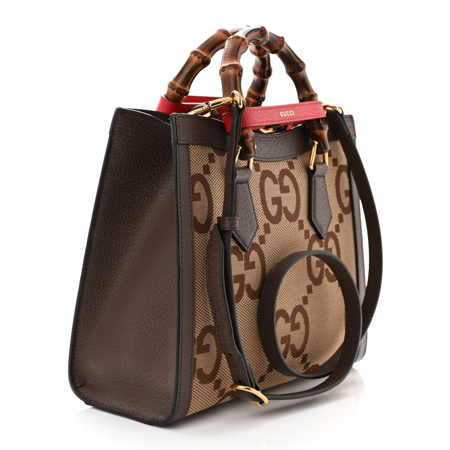 Gucci Monogram Jumbo GG Textured Dollar Calfskin Small Diana Tote Bag Camel Ebony New Acero Pomegranate Red 3 of 11