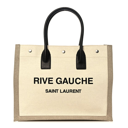 Saint Laurent Linen Calfskin Small Rive Gauche Tote Greggio Natural 1 of 9