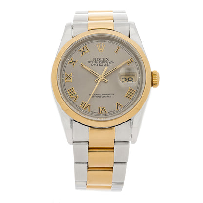 Rolex Stainless Steel 18K Yellow Gold 36mm Oyster Perpetual Datejust Watch Silver Roman 1 of 5
