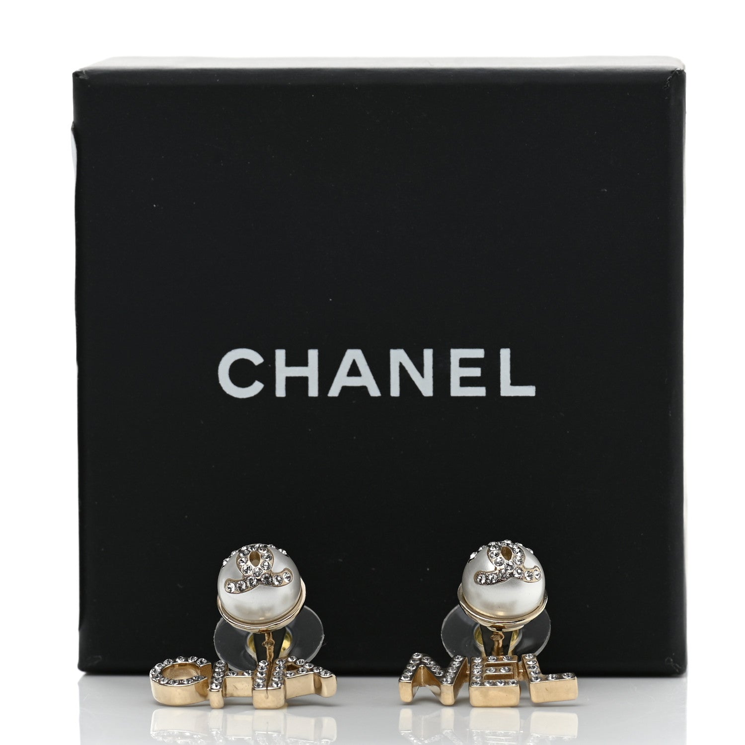 Chanel Pearl Crystal Logo Earrings Gold Pearly White 5 of 5