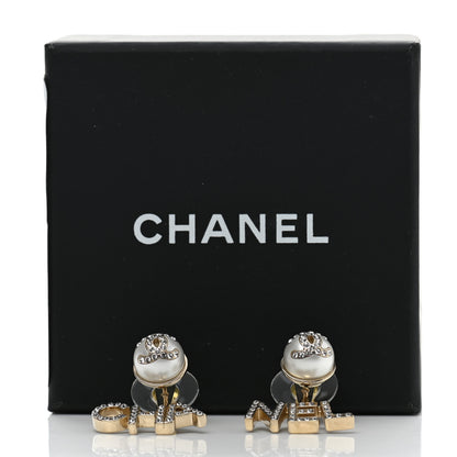 Chanel Pearl Crystal Logo Earrings Gold Pearly White 5 of 5