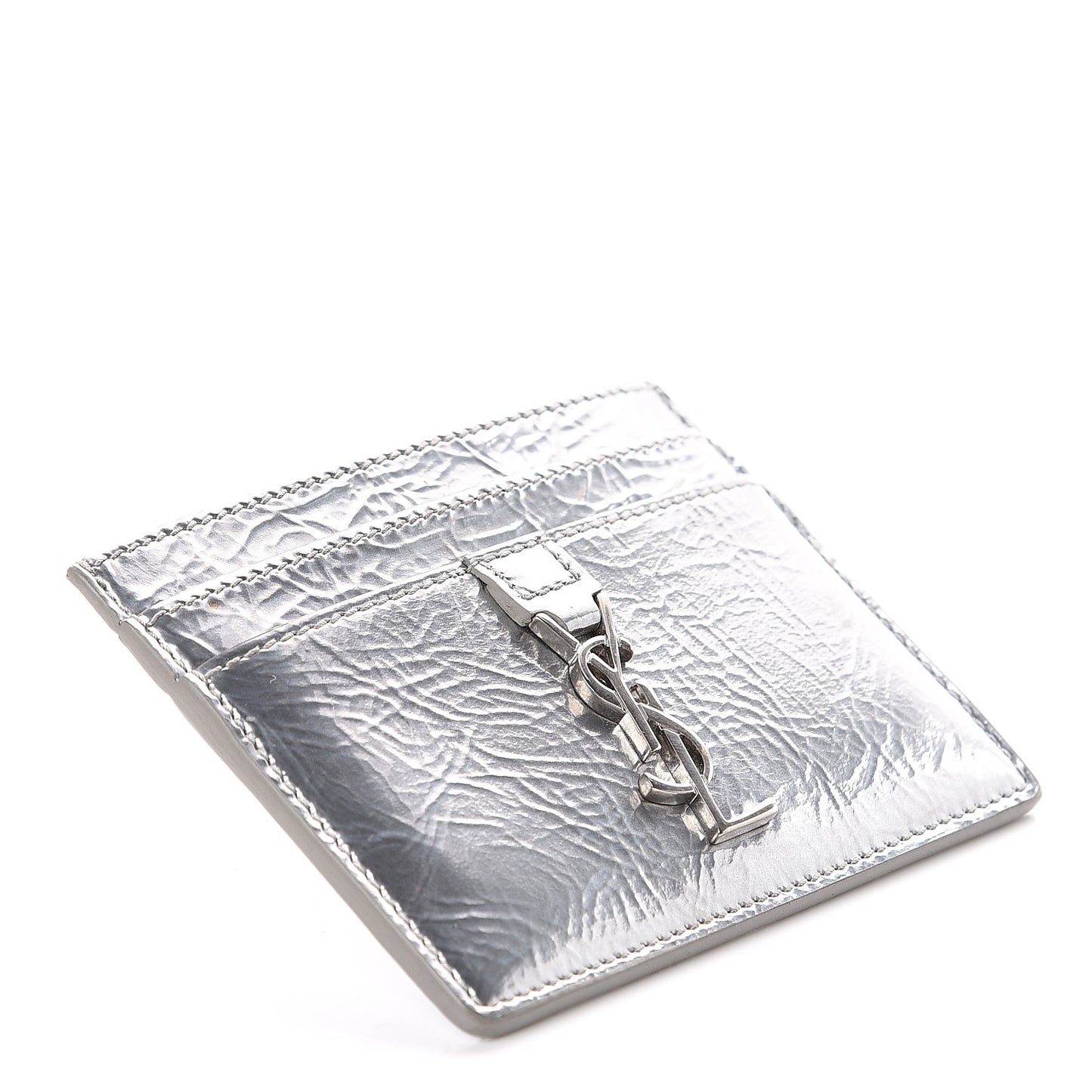 Textured Patent Metallic Matelasse Chevron Monogram Credit Card Case Argento
