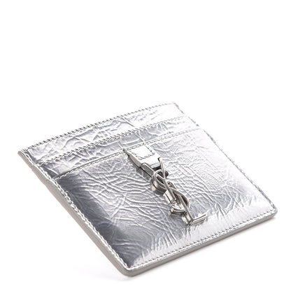 Saint Laurent Textured Patent Metallic Matelasse Chevron Monogram Credit Card Case Argento 3 of 5