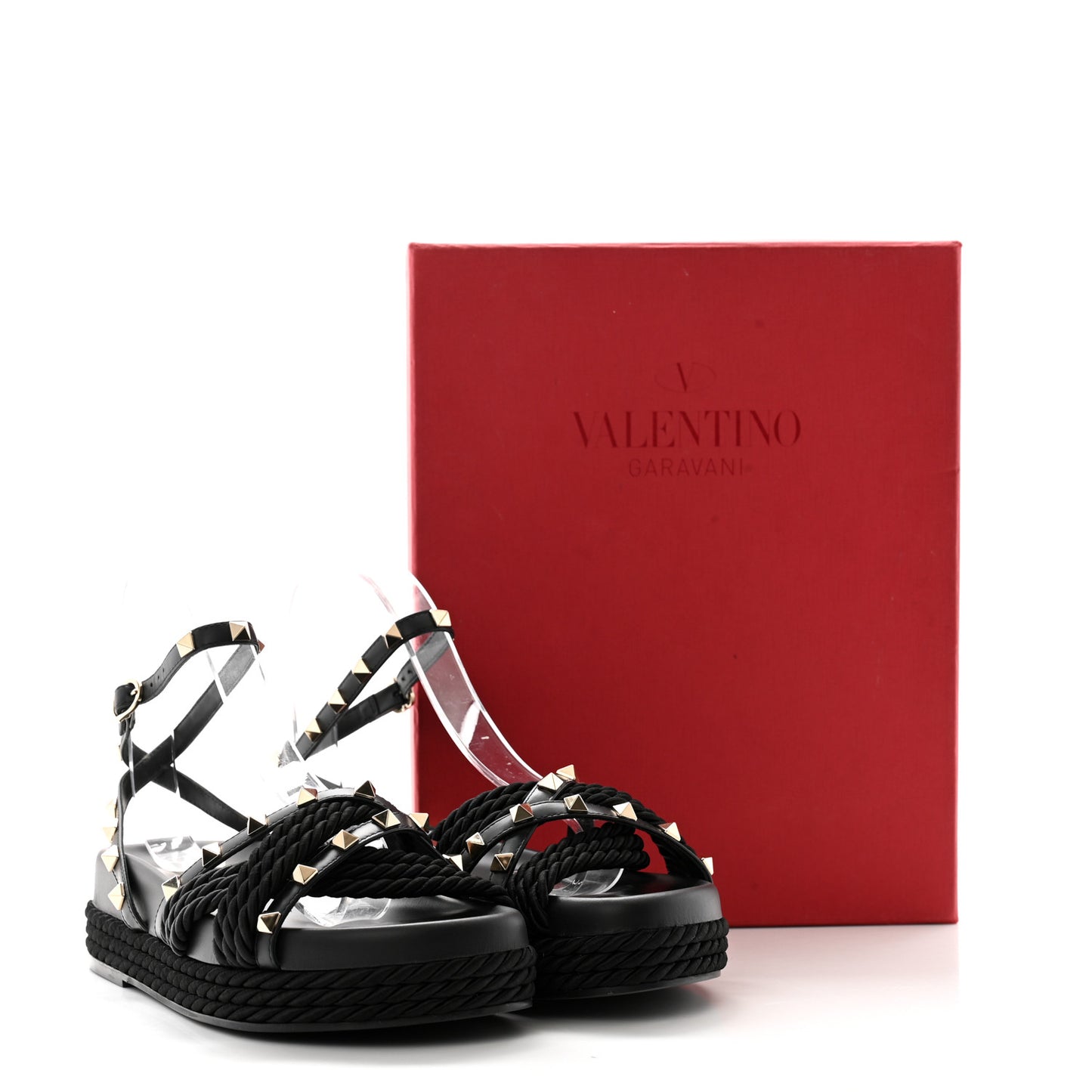 Calfskin Rockstud Torchon Flatform Espadrille Sandals 36 Black