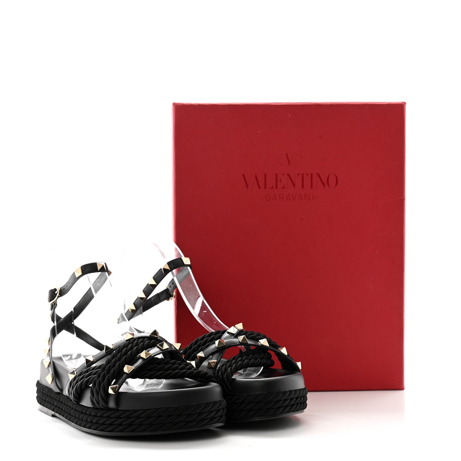Valentino Garavani Calfskin Rockstud Torchon Flatform Espadrille Sandals 36 Black 8 of 8
