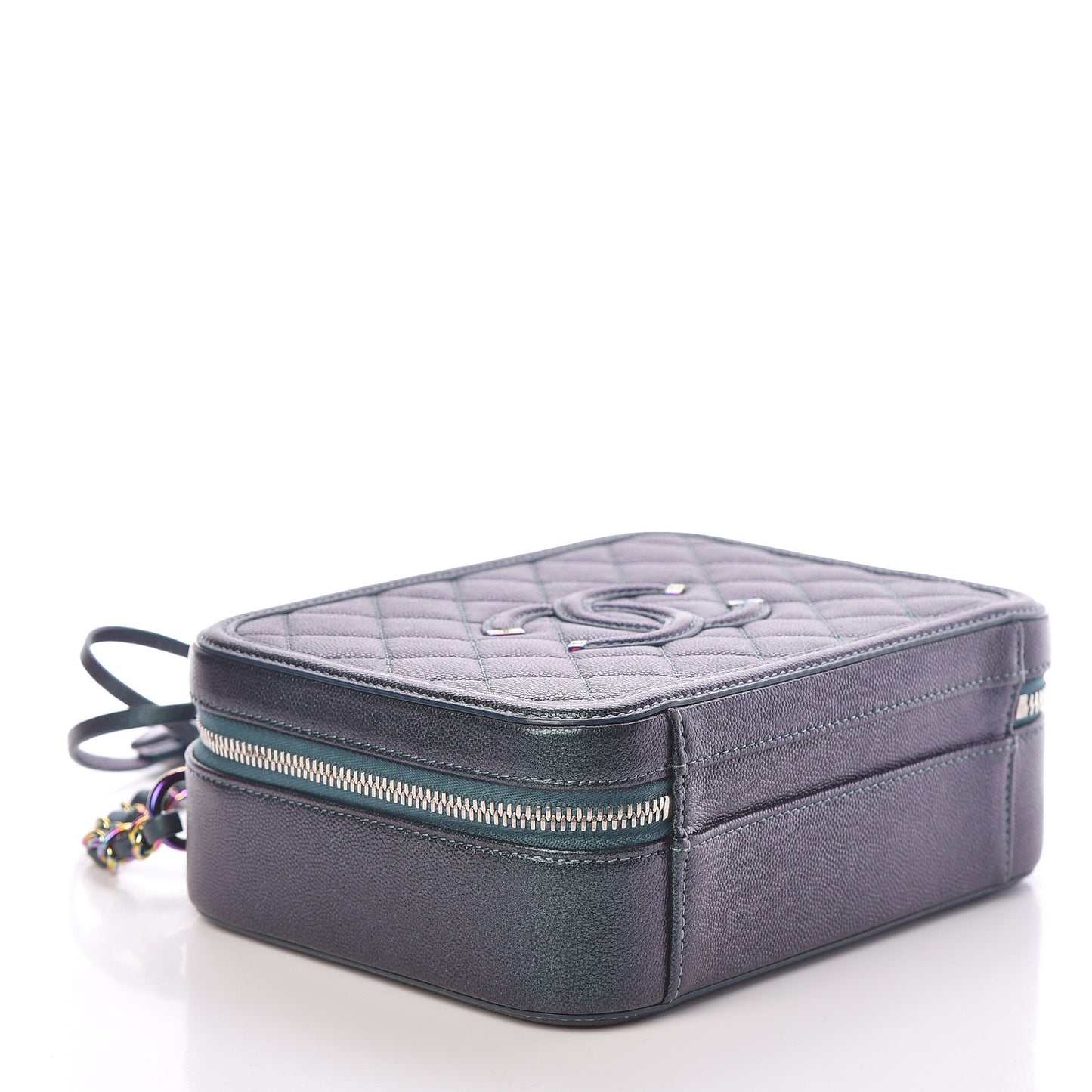 Iridescent Caviar Quilted Medium CC Filigree Vanity Case Dark Turquoise